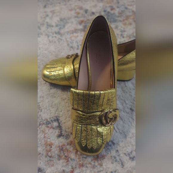 Gucci Marmont GG Logo Golden Fringe Block Mid Heel Kiltie Loafers Pumps - Picture 2 of 5